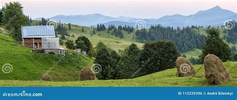 Village Houses On Hills With Green Meadows In Summer Day House Stock