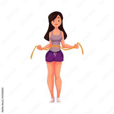 Slim Young Woman In Good Shape Measuring Herself With A Tape Cartoon