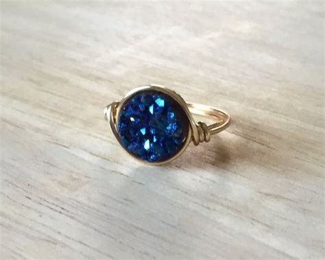 Navy Blue Teardrop Druzy Gemstone Ring Etsy Druzy Ring Rings Druzy