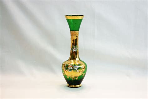 Vintage Lefton Emerald Green Bud Vase Gold Gilding Enamel Flowers Hand