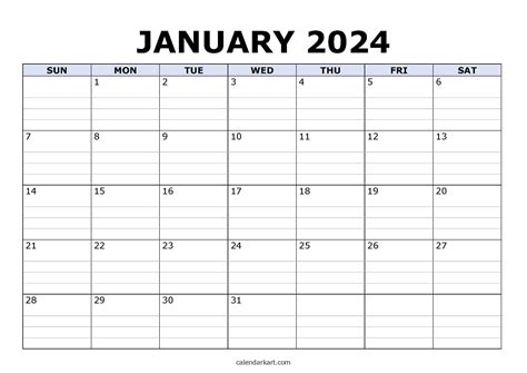 2024 January Calendar With Grid Lines Template Printable Printable