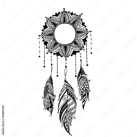 Hand Drawn Moon Sun Mandala Dreamcatcher With Feathers Ethnic