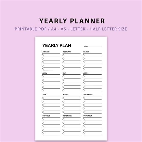 Yearly Planner Printable Yearly Planner Page Pdf Template Etsy