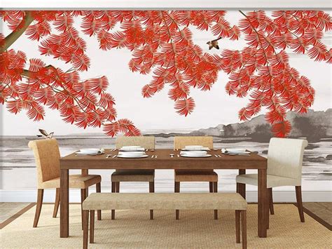 3d Autumn Bleak Riverside Maple Leaf Wallpaper
