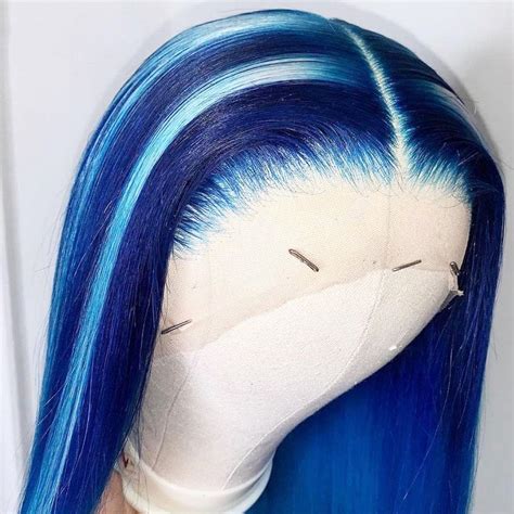 Blue Human Hair Wig With Light Blue Streak Transparent Lace Front Wigs