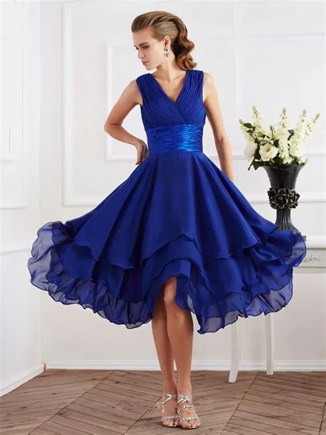 2015 Royal Blue Knee Length Chiffon Bridesmaid Dresses V Neck Pleat