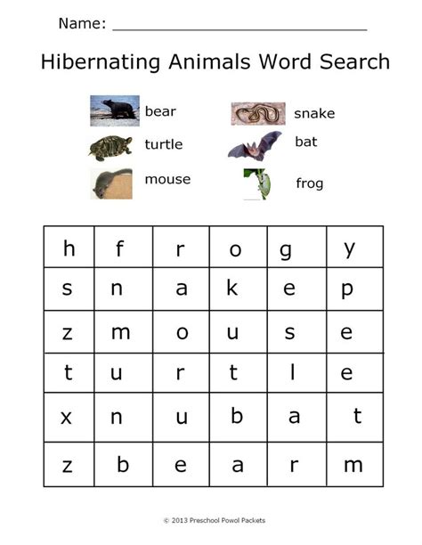 Hibernating Word Search Suitable For Prek Kindergarten