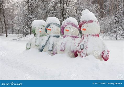 Four Snowmen Stock Photo Image Of Snowmen White Landscape 111714122