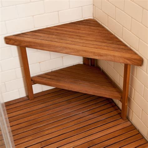 Teakworks U Deluxe Teak Corner Shower Bench With Optional Shelf
