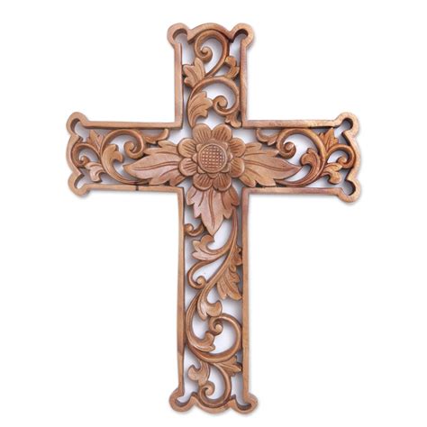 Unicef Market Hand Carved Wood Floral Wall Cross From Bali Lotus Cross