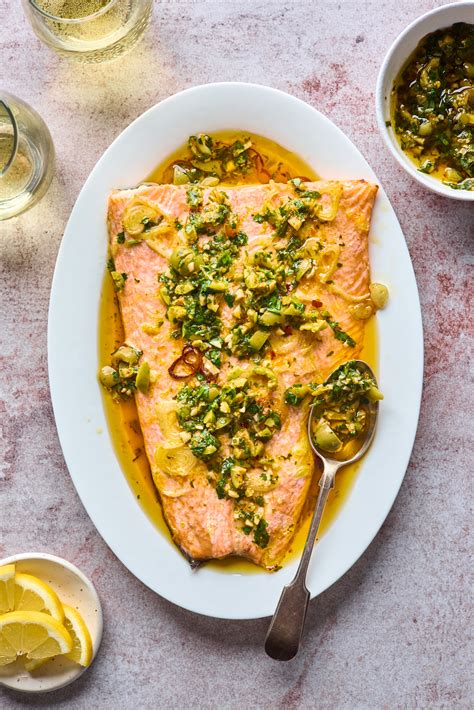 Roasted Citrus Salmon With Green Olive Salsa Verde Olive And Mango