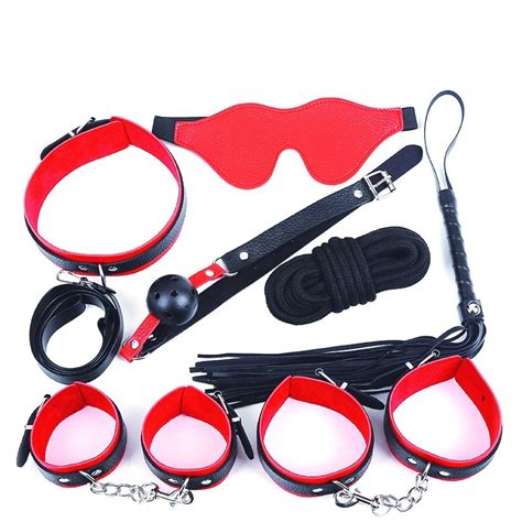 7 sexy lingerie pu leather bdsm bondage set hand cuffs footcuff whip rope blindfold erotic toys