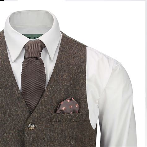 Mens Tweed Waistcoat Vintage Collar Double Breasted Smart Tailored Fit