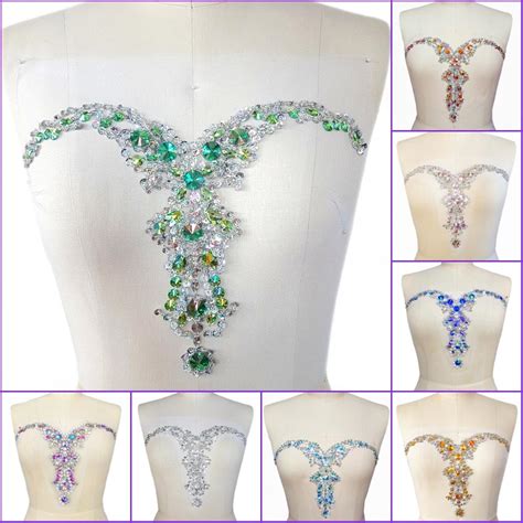 Handmade V Neck Sequin Sew On Neckline Rhinestone Crystal Beaded Trims Bridal Applique Designer
