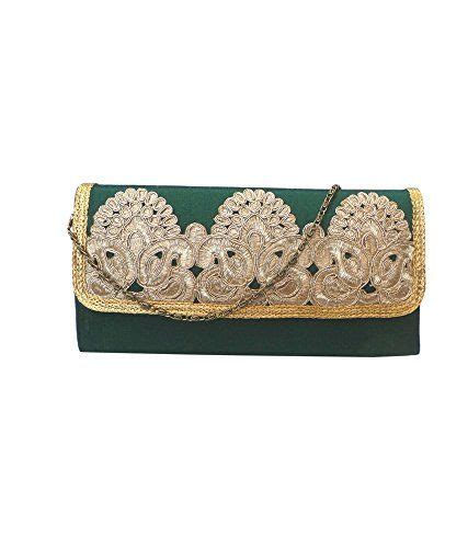 Bhamini Raw Silk Clutch With Traditional Motif Lace Green Clutch