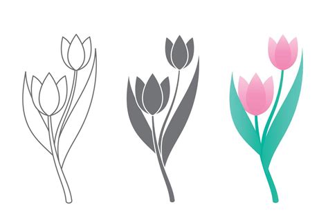 Conjunto De Arte De Línea Vectorial De Tulipanes Flores De Primavera