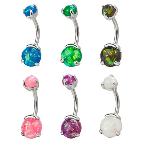 Stainless Steel 3 Prong Set Synthetic Opal Curved Navel Barbell