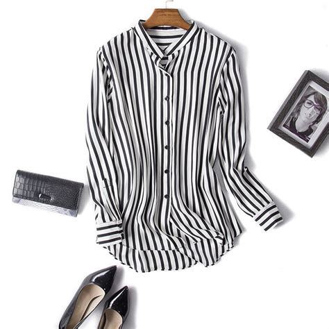Striped Shirt Women Black And White Silk Long Sleeve Summer Office