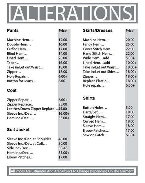 Sewing And Alterations Price List