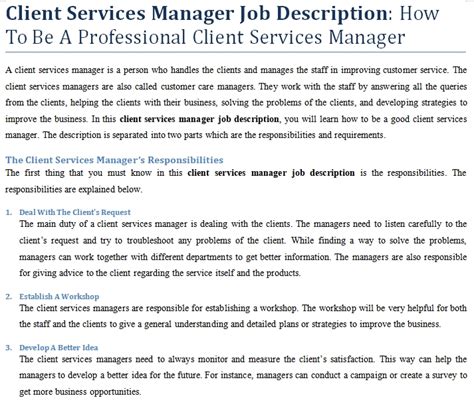Their job description involves contacting clients to identify their needs. Client Services Manager Job Description: How To Be A ...