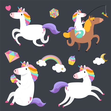 Cute Unicorns With Magic Element Stickers Vector Free Stock