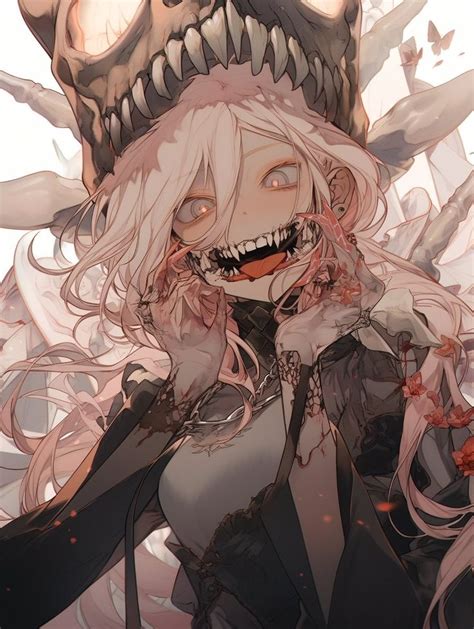 An Anime Character With White Hair And Fangs On Her Face