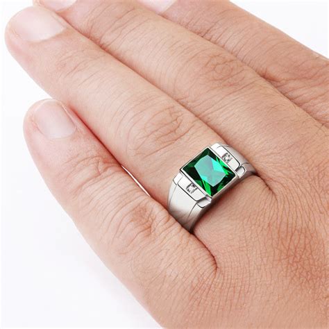 Emerald Mens Ring In Sterling Silver With Genuine Diamonds