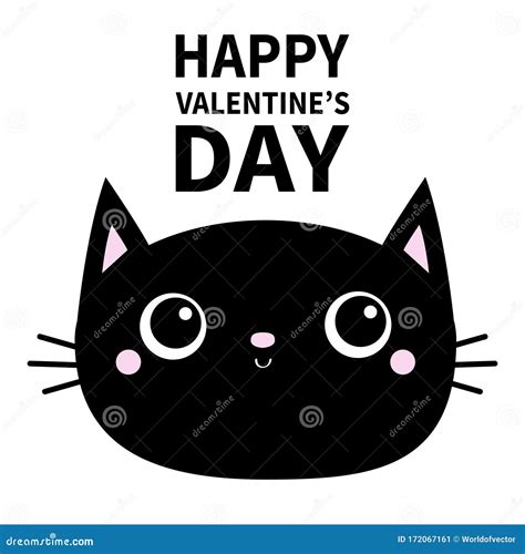 Black Cat Head Face Oval Icon With Big Eyes Happy Valentines Day Cute