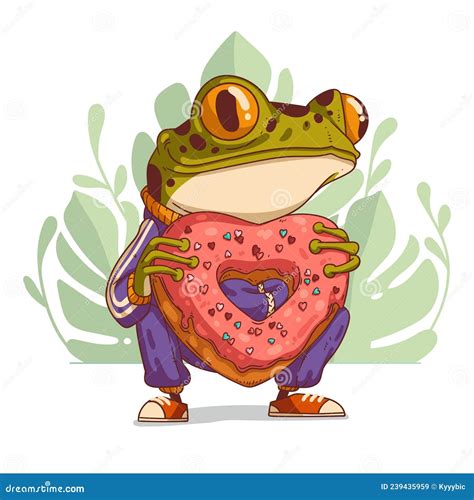 Humanized Frog Holding A Heart Shape Donut Anthropomorphic Frog Stock
