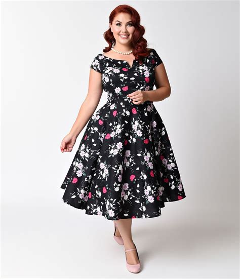 Plus Size 1950s Style Floral Swing Dress Tea Length Plussizedresses