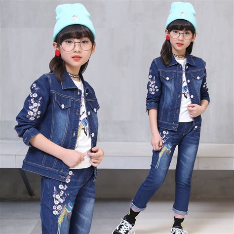 Kids Clothes Girls 10 11 12 Years Flower Denim Trousers Suit Fashion