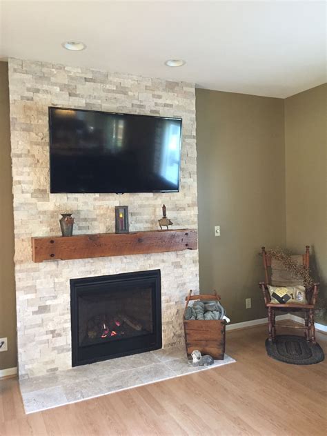 Stack Stone Fireplace With Barn Beam Mantel Stacked Stone Fireplaces