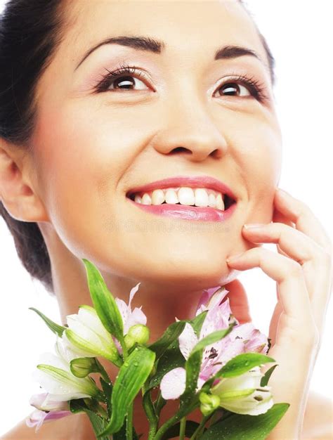 Beautiful Asian Woman With Pink Flowers Stock Photo Image Of Floral