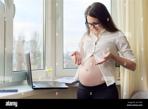 Video Chat Call Pregnant Happy Woman Showing Big Belly In Laptop