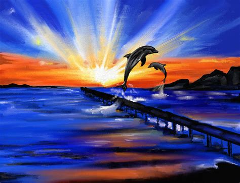 Dolphin Sunset Drawing By Terri Meredith Fine Art America