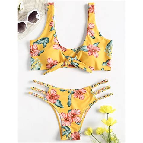 ZAFUl 2019 Women Bikini Swimwear Knotted Floral Swim Bra Braided Straps