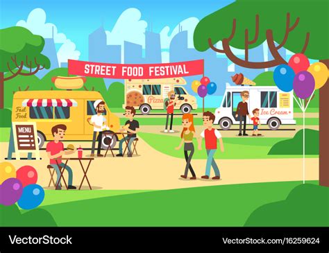 Cartoon Street Food Festival With People Vector Image