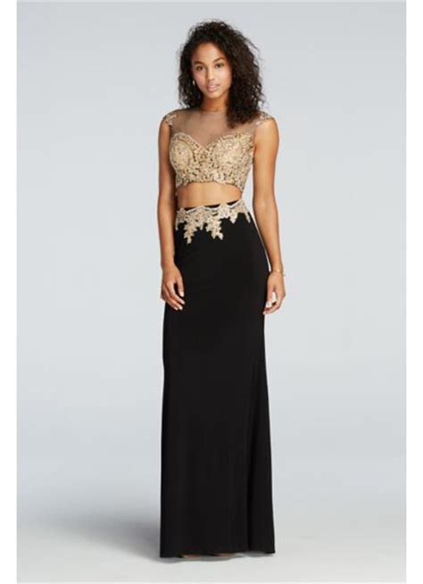 Beaded Two Piece Illusion Prom Crop Top And Skirt Davids Bridal