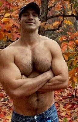 Shirtless Male Muscular Beefcake Hairy Pecs Chest Fall Leaves Photo X