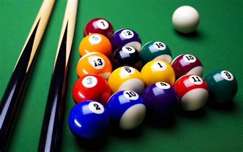 Two Beige And Black Cue Sticks And Pool Ball Set Billiard Balls Pool