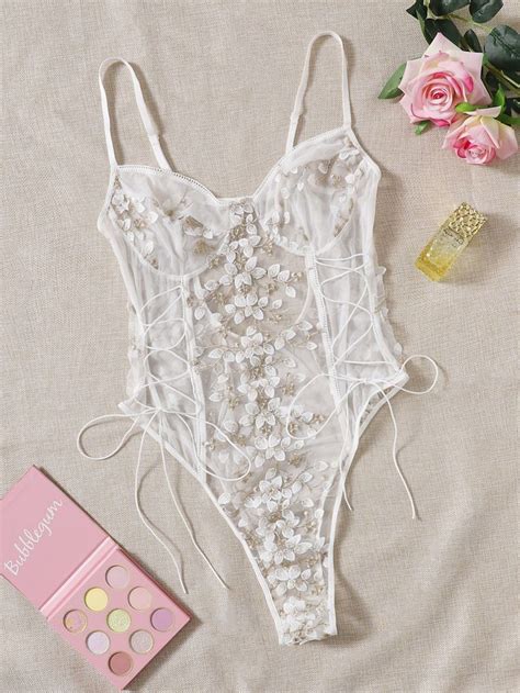 Plus Floral Embroidery Lace Up Teddy Bodysuit Plus Size Outfits