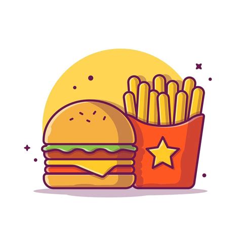 Burger With French Fries Cartoon Vector Icon Illustration Food Object Icon Concept Isolated