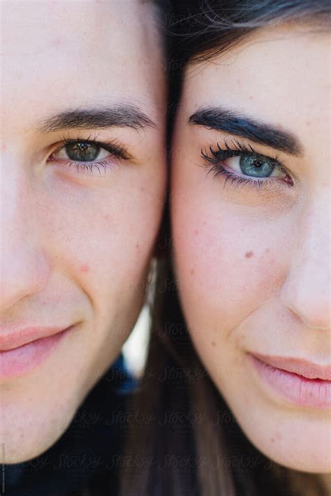 Close Up Face Couple Half Woman Man Young Beautiful Attractive
