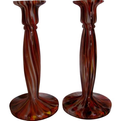 Bohemian Czech Kralik Pair Art Glass Candlestick Candle Holders Signed