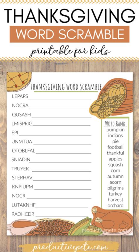 Free Printable Thanksgiving Word Scramble For Kids