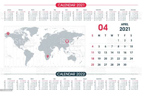 April Kalenderjahr 2021 Und Weltkarte Zeitzone Stock Vektor Art Und