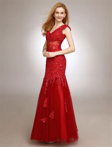 Red Prom Dresses 2020 Long Mermaid Evening Dress V Neck Beaded Applique