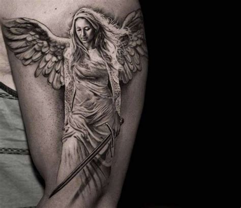 Gorgeous Black And Grey Realistic Tattoo Style Of Guardian Angel Motive