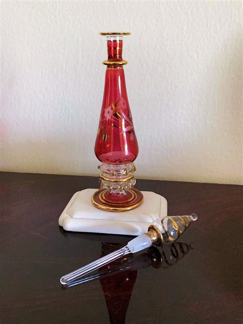Vintage Egyptian Hand Made Blown Glass Perfume Bottle Etched Floral Design Magenta And Gold