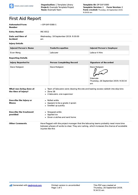 First Aid Report Form Template Free To Use Better Than Pdf